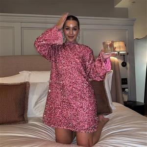 clothFall/Winter 2023 New Women's Round Neck Long Sleeve Loose Plus Size Sexy Sequin Short European